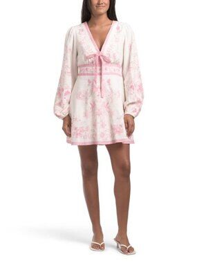 CAROLINE CONSTAS Linen Blend Long Sleeve Fully Lined Deep V-neck Mini Dress